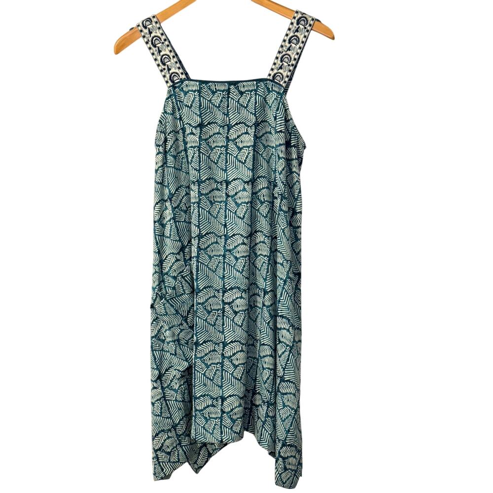 Anthropologie Tiny Green Leaf Mini Dress Embroidered Strap Boho Relaxed Size XS